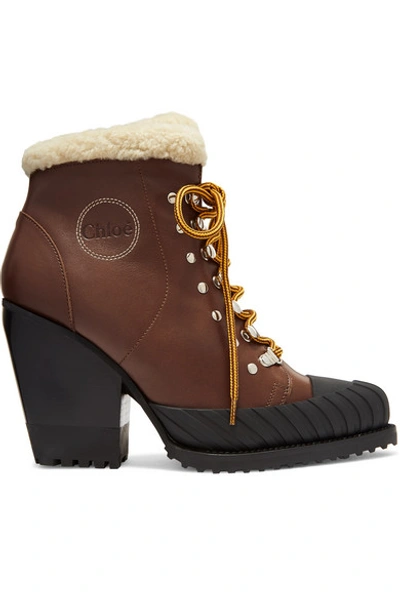 Shop Chloé Rylee Shearling-trimmed Leather And Rubber Ankle Boots In Brown