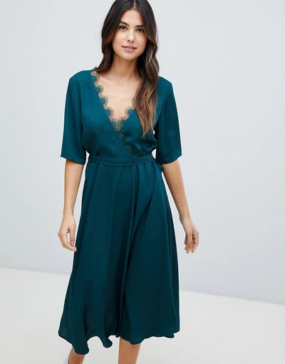 Shop Liquorish Midi Dress With Lace Trim-green