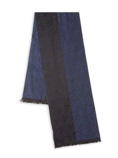 Shop Versace Frayed Printed Scarf In Black Blue