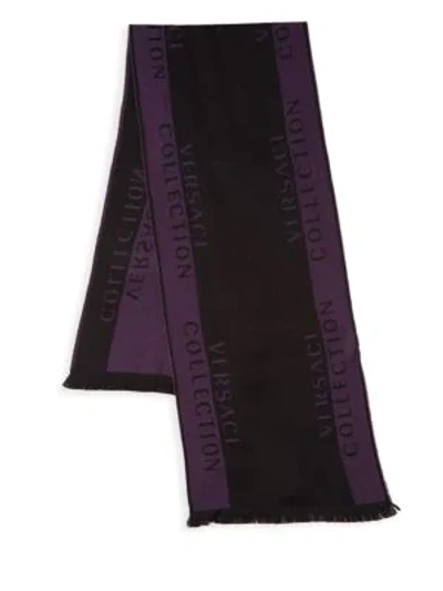 Shop Versace Border Print Logo Scarf In Black Violet