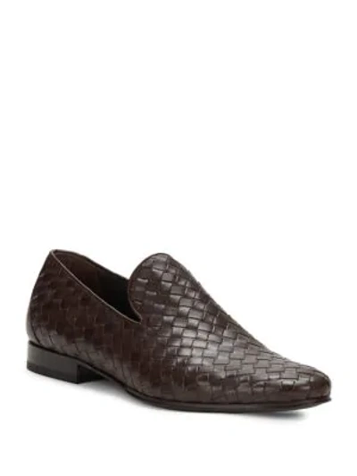 Shop Roberto Cavalli Woven Leather Loafers In Brown