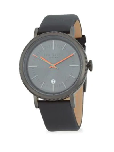 Shop Ted Baker Etched Stainless Steel Leather Strap Watch In Black