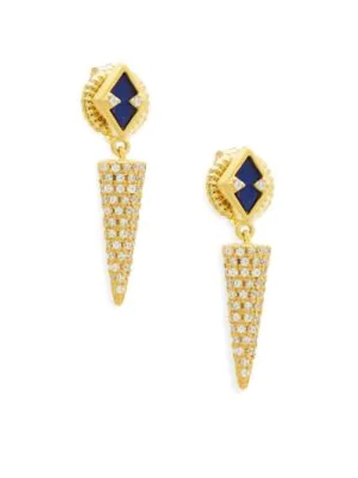 Shop Freida Rothman Indigo Armour Crystal, Lapis And Sterling Silver Drop Earrings In Gold