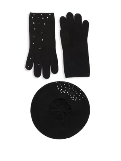 Shop Portolano 2-piece Embellished Cashmere Beret & Gloves Set In Black