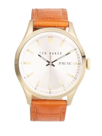 Shop Ted Baker Stainless Steel Brown Leather Strap Watch In Tan
