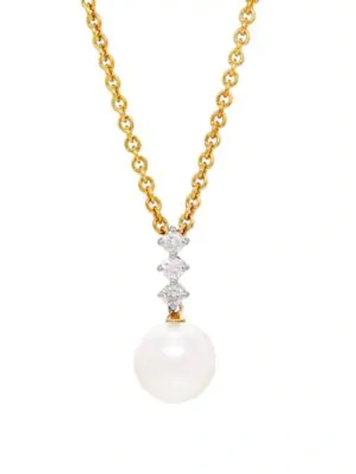 Shop Saks Fifth Avenue 9mm - 9.5mm White Freshwater Pearls, Diamonds And 14k Yellow Gold Pendant Necklace