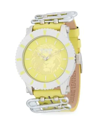 Shop Versus Graphic Stainless Steel Leather-strap Watch In Yellow Silver