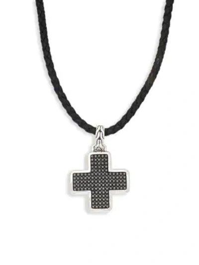 Shop John Hardy Leather & Sterling Silver Cross Pendant Necklace In Black