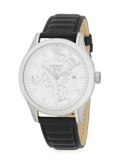 Shop Versace Stainless Steel Analog Leather Watch In Grey