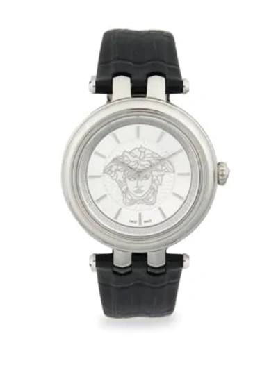 Shop Versace Analog Stainless Steel & Leather-strap Watch In Grey