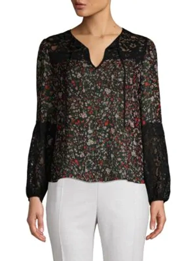 Shop Rebecca Taylor Floral Silk Lace Tie Blouse In Black Combo