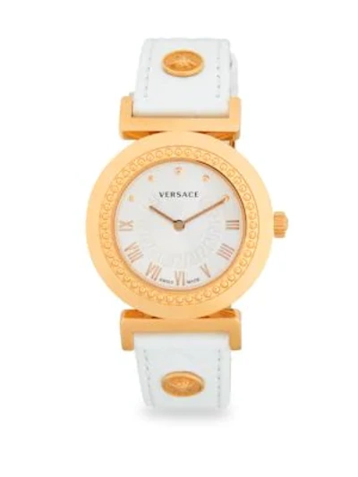 Shop Versace Analog Stainless Steel & Leather-strap Watch In Rose Gold