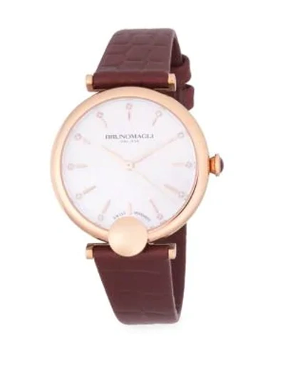 Shop Bruno Magli Diamond & Rose-gold Tone, Stainless Steel Leather-strap Watch In Rose Gold