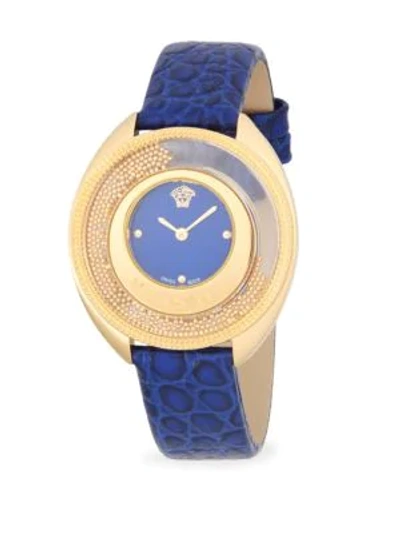 Shop Versace Textured Round Stainless Steel And Leather-strap Watch In Gold
