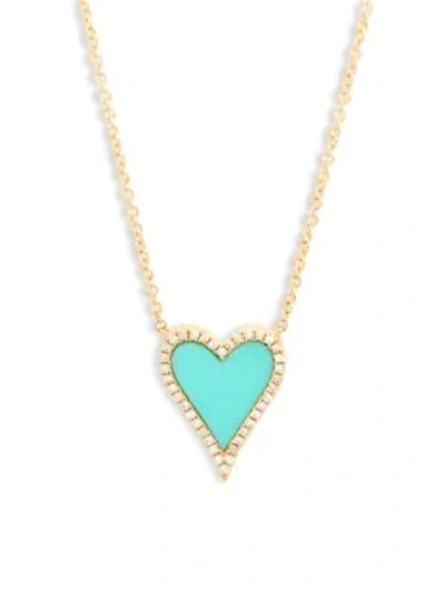 Shop Saks Fifth Avenue Diamond, Turquoise And 14k Yellow Gold Heart Pendant Necklace