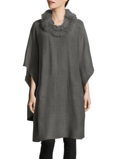 Shop Adrienne Landau Knit Fox Fur Trimmed Poncho In Medium Grey
