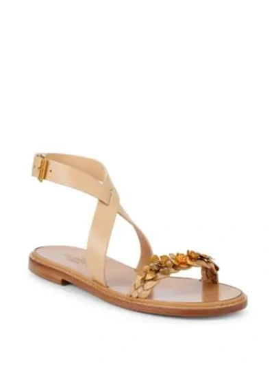 Shop Valentino Floral Leather Ankle-strap Sandals In Tan