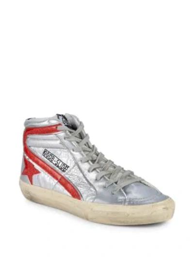 Shop Golden Goose Slide Leather High-top Sneakers In Silver