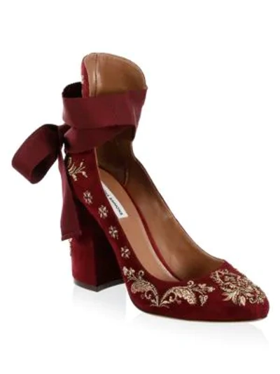 Shop Tabitha Simmons Isabel Embroidered Suede Ankle-wrap Pumps In Burgundy Gold