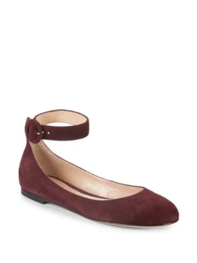 Shop Gianvito Rossi Suede Ankle Strap Ballet Flats In Dark Red