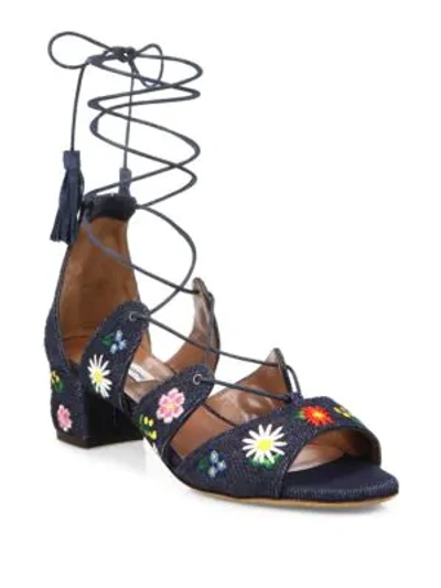 Shop Tabitha Simmons Isadora Flower-embroidered Denim Lace-up Sandals In Denim Blue