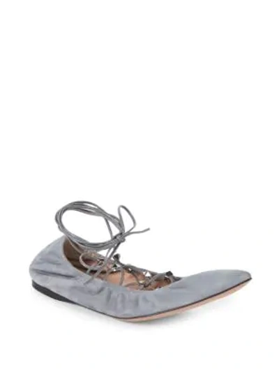 Shop Valentino Lace-up Suede Ballet Flats In Grey
