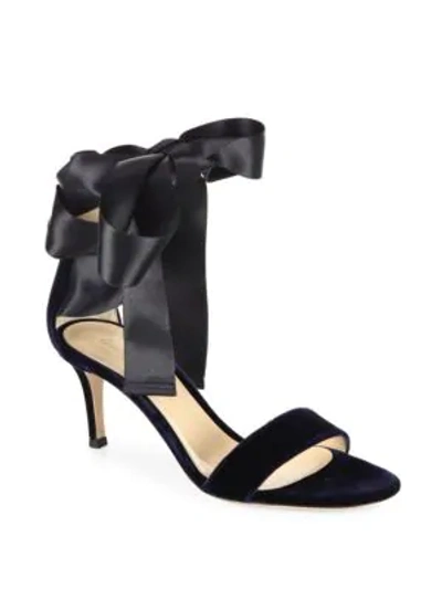 Shop Gianvito Rossi Velvet Satin Bow Sandals In Dark Blue
