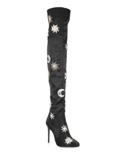 Shop Aquazzura Dorado Embellished Satin Over-the-knee Boots In Black