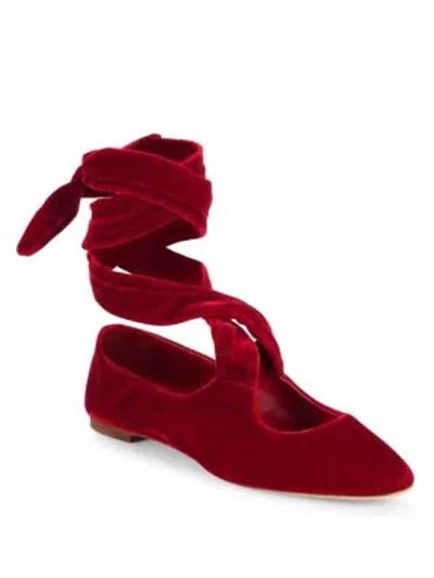 Shop The Row Elodie Velvet Ankle-wrap Ballet Flats In Poppy Red