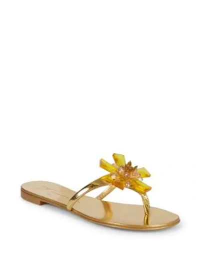 Shop Giuseppe Zanotti Crystal Flower Metallic Thong Sandals In Gold