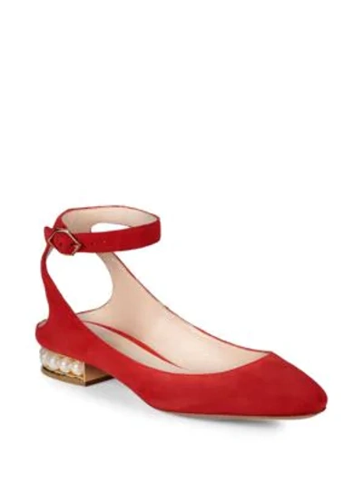 Shop Nicholas Kirkwood Lola Pearl Suede Ankle Strap Ballet Flats In Flame Red