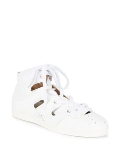 Shop Emporio Armani Cutout Leather Sneakers In Bianco