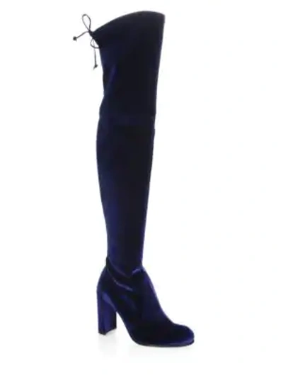 Shop Stuart Weitzman Hiline Velvet Over-the-knee Boots In Navy