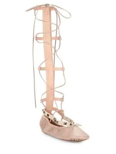 Shop Valentino Lace-up Leather Ballet Flats In Blush