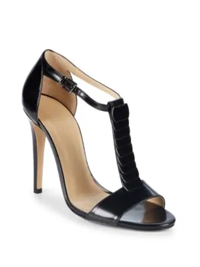 Shop Armani Collezioni T-strap Leather Sandals In Black