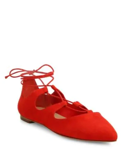 Shop Loeffler Randall Ambra Point Toe Suede Lace-up Flats In Poppy