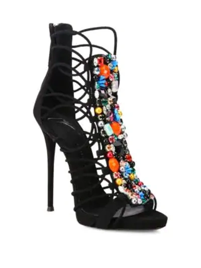 Shop Giuseppe Zanotti Strappy Beaded Suede Sandals In Black