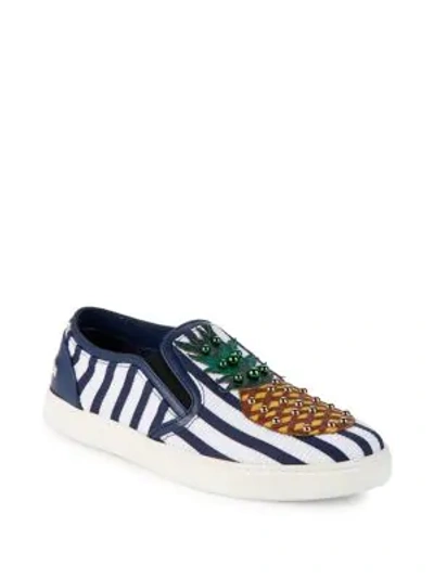 Shop Dolce & Gabbana Striped Embellished Slip-on Sneakers In Navy Stripe