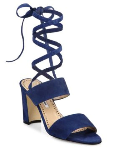 Shop Manolo Blahnik Khandala Suede Ankle-wrap Block Heel Sandals In Blue