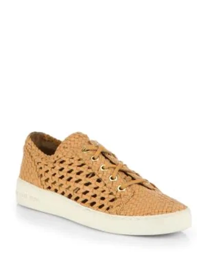Shop Michael Kors Violet Woven Leather Lace-up Sneakers In Peanut