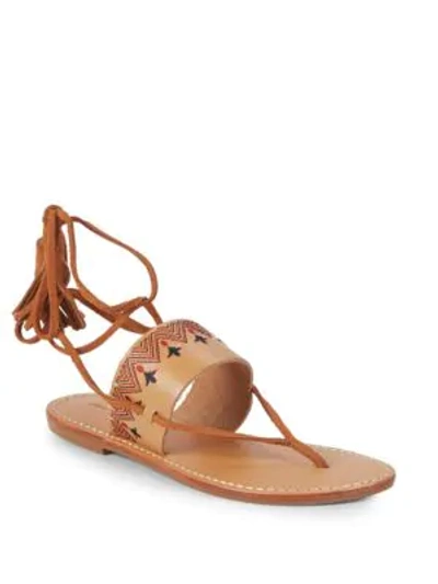 Shop Soludos Embroidered Leather Lace-up Sandals In Tan