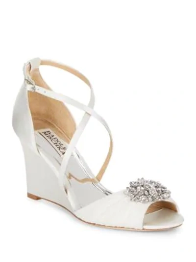 Shop Badgley Mischka Tacey Embellished Satin Wedge Heel Sandals In White