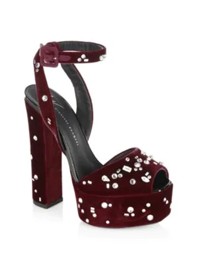 Shop Giuseppe Zanotti Lavinia Swarovski Crystal Velvet Platform Sandals In Amaranto