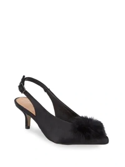 Shop Saks Fifth Avenue Women's Satin & Faux-fur Kitten-heel Slingback Pumps In Black
