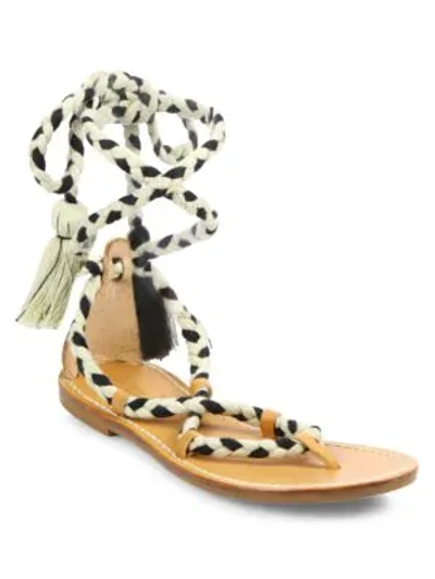 Shop Soludos Cotton Lace-up Flat Sandals In Black Natural