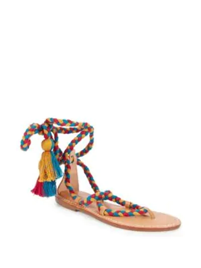 Shop Soludos Cotton Lace-up Flat Sandals In Red Teal