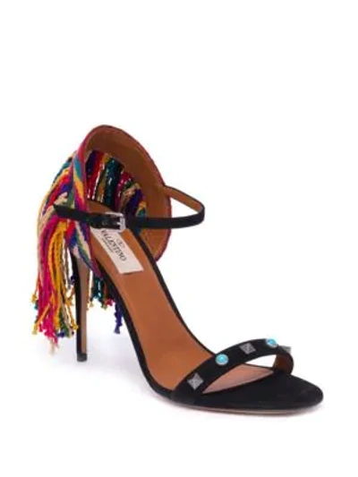 Shop Valentino Rockstud Rolling Embroidered Fringed Suede Sandals In Nero