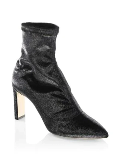 Shop Jimmy Choo Louella 85 Stretch Metallic Velvet Point Toe Booties In Anthracite