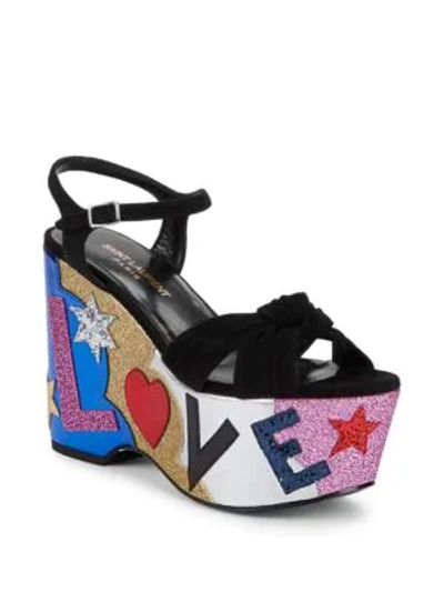 Shop Saint Laurent Candy Love Suede & Leather Graphic Platform Sandals In Black