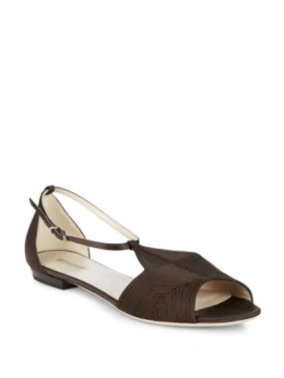 Shop Giorgio Armani Stitched Leather Ankle Strap Flats In Brown